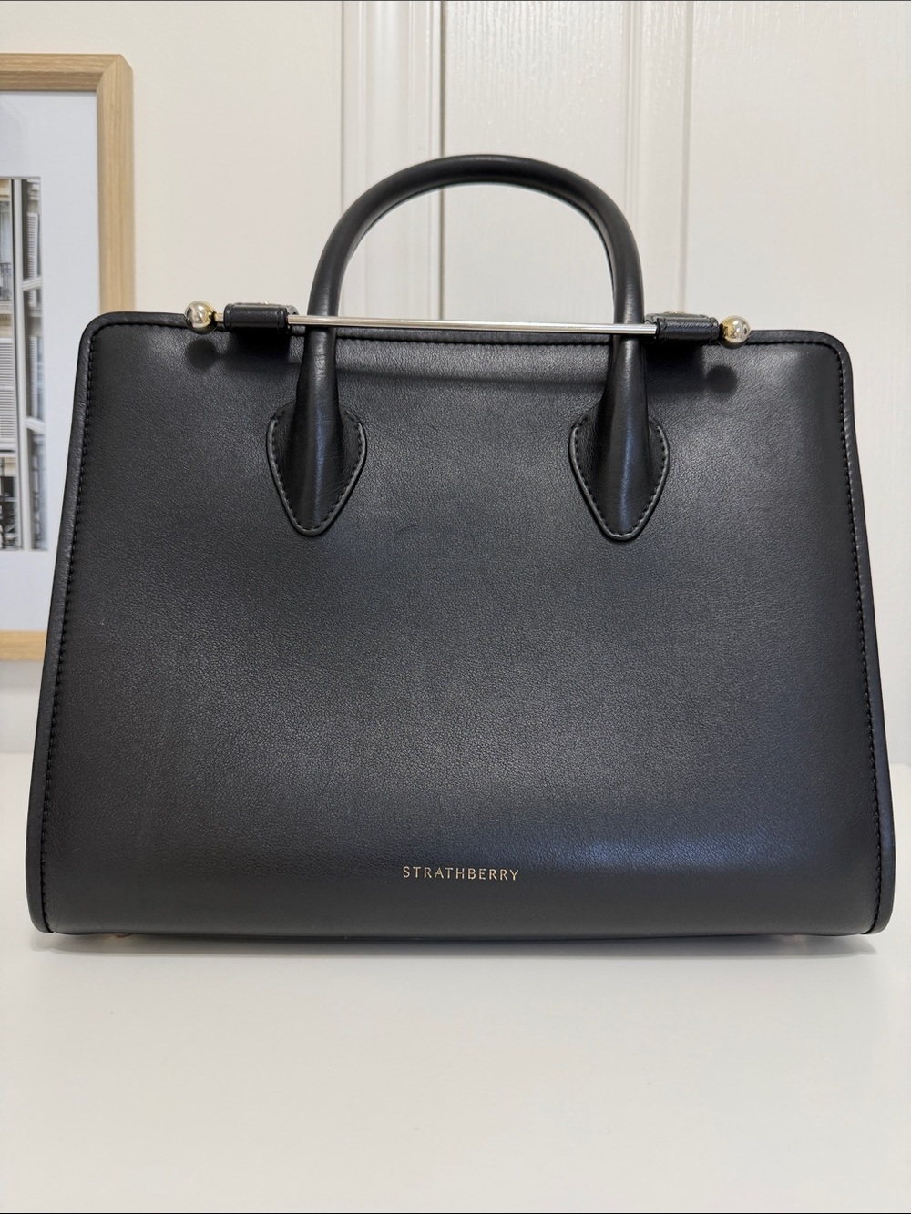 Strathberry Black Structured Top-Handle Satchel with Gold Accent